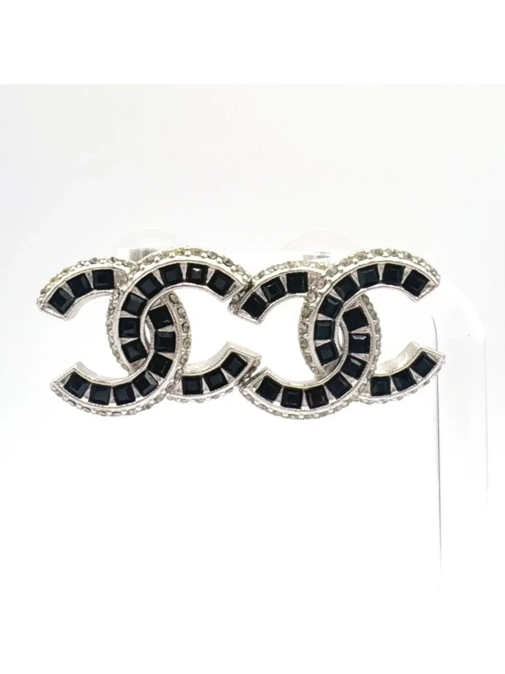 Chanel CC Logo Metal Rhinestone Color Stone Silver Black Earrings